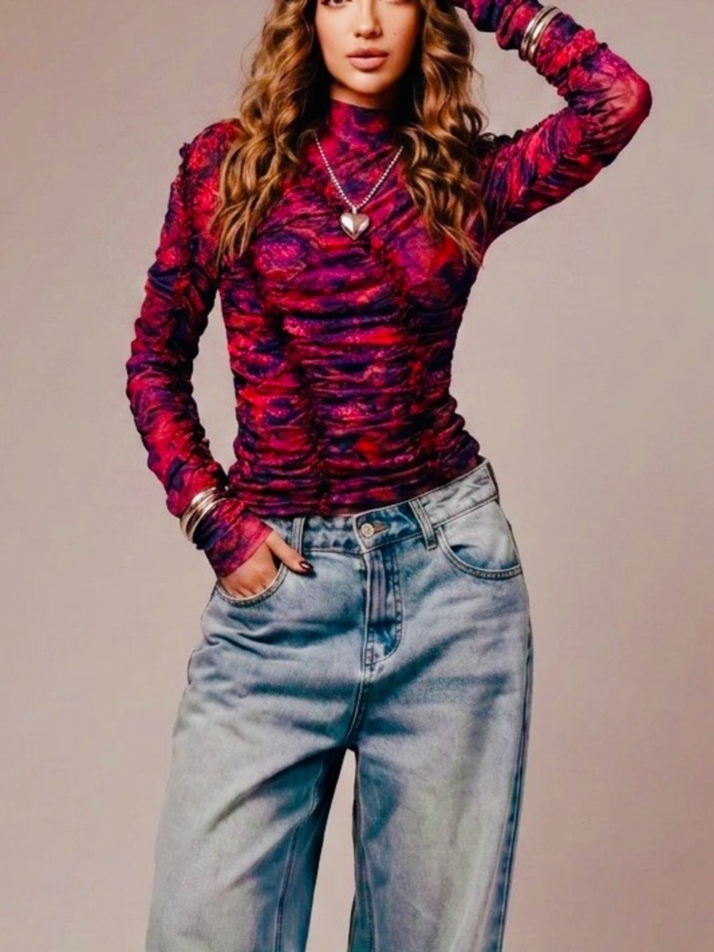 cinq a sept Elliana Ruched Long-Sleeve Mesh Top in Red-Purple Print
